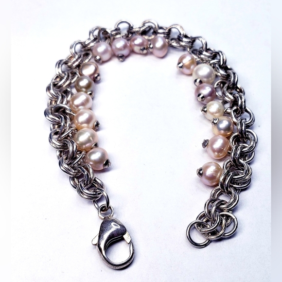 Multi Pearl Dangle Double Link Charm Bracelet 7.5 - Picture 3 of 5